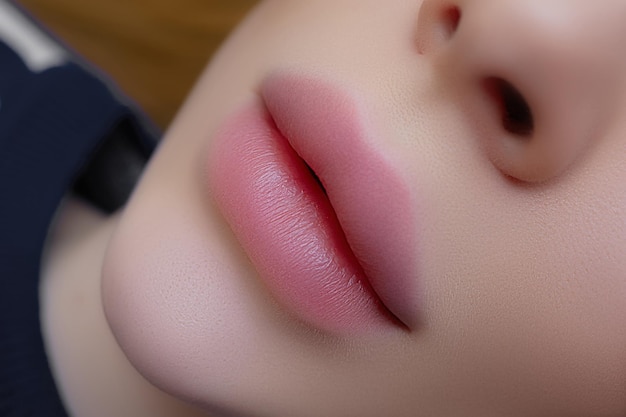 Foto macro de los labios de una chica hermosa antes del procedimiento de maquillaje de labios permanente