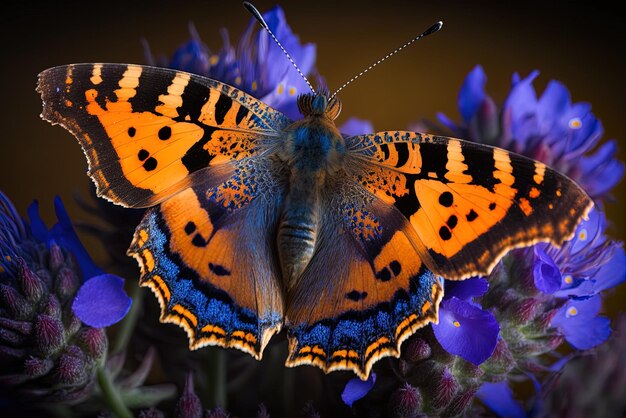 Foto foto macro mostra uma borboleta preta e laranja empoleirada numa flor roxa e azul