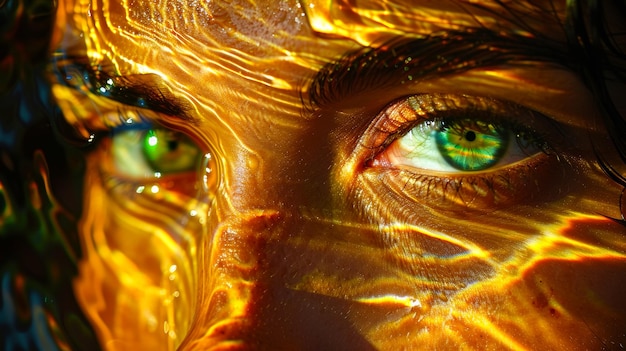 foto macro de una mujer hecha con refracción de reflejo de metal pulido