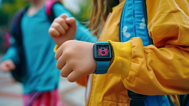 Foto una foto macro de niños que llevan relojes inteligentes capturados durante una nutritiva pausa para el almuerzo después de la escuela