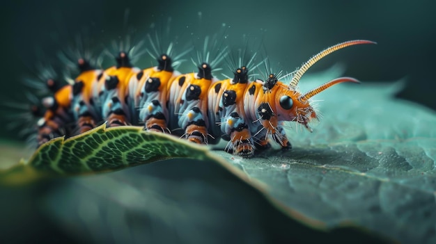 Una foto macro de una oruga masticando una hoja que muestra el fascinante proceso de metamorfosis y el ciclo de vida de estas fascinantes criaturas