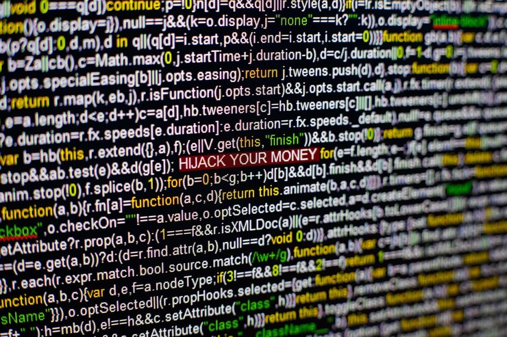 Foto foto macro de la pantalla de la computadora con el código fuente del programa y la inscripción resaltada hijack your money en el medio escritura en la pantalla con un virus en ella concepto de seguridad cibernética