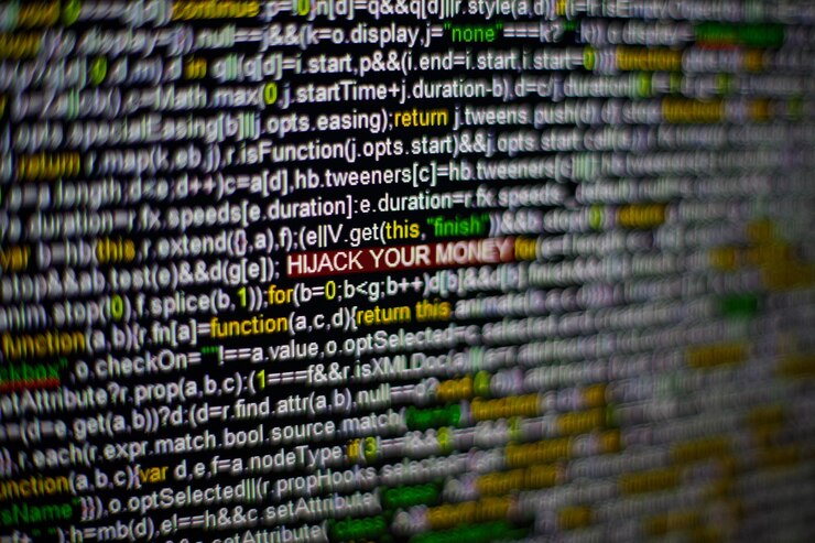 Foto foto macro de la pantalla de la computadora con el código fuente del programa y secuestrar su dinero resaltado