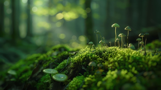 Una foto macro de pequeños hongos que brotan de un lecho de musgo en un bosque aislado