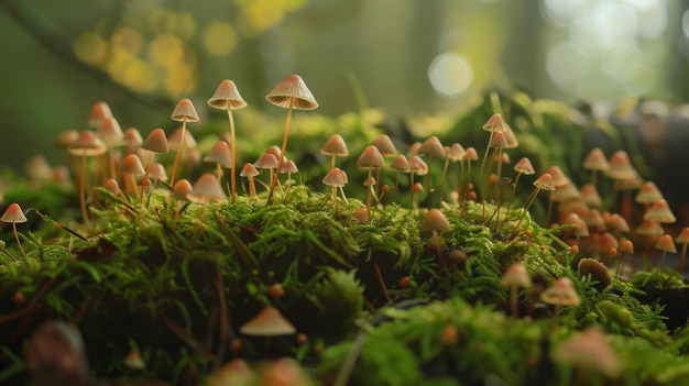 Una foto macro de pequeños hongos que brotan de un lecho de musgo en un bosque aislado