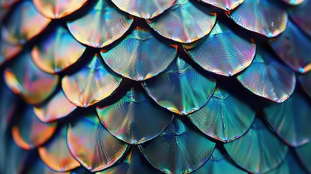 Una foto macro de una piel de serpiente con un arco iris de colores