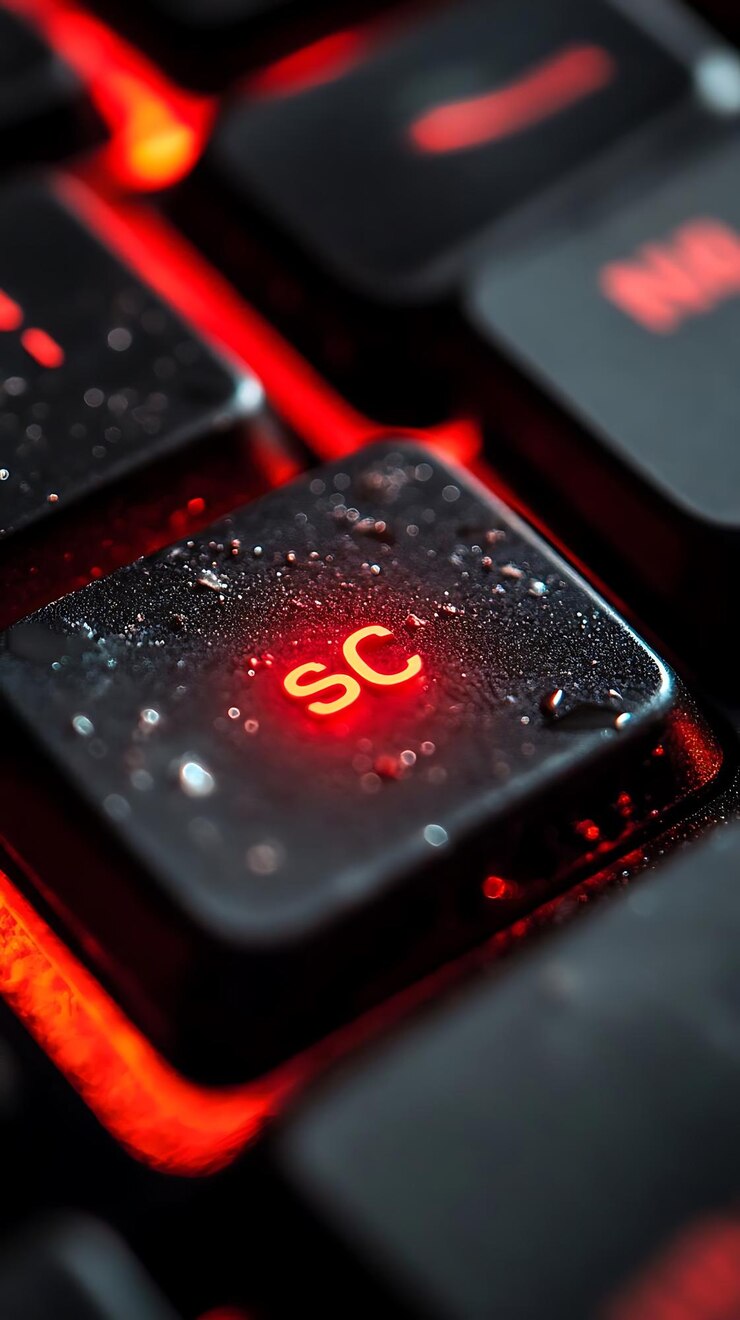 Foto foto macro de la tecla del teclado iluminada en rojo