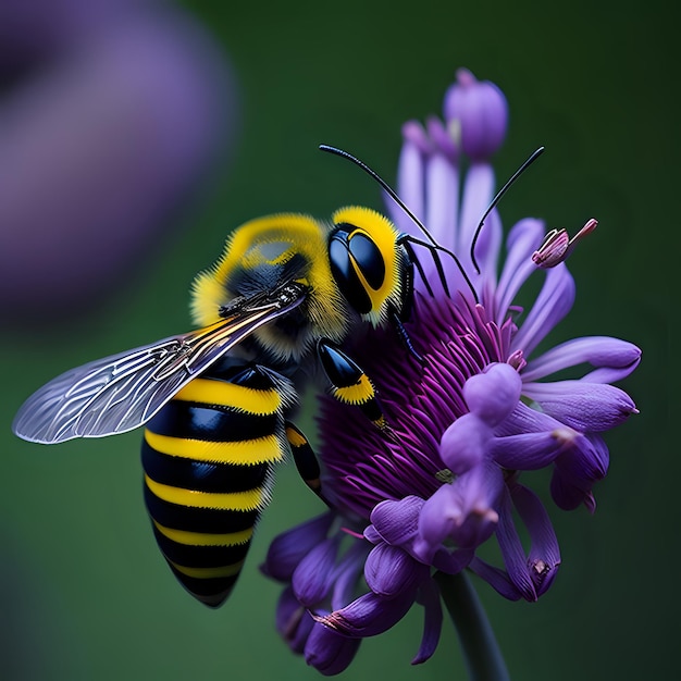 Foto macro toma de una abeja en una flor morada ai generativo