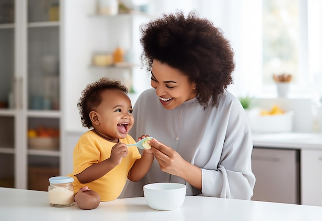 Foto de madre alimentando a bebé bebé comiendo comida saludable