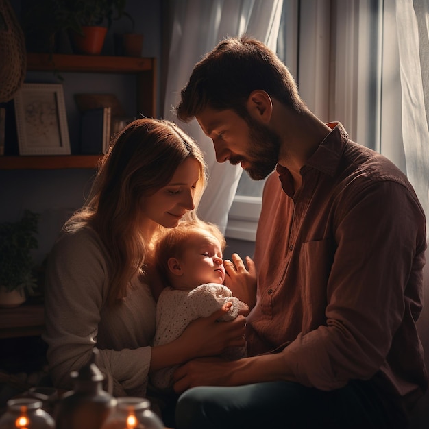 foto de madre y padre con un bebé en casa