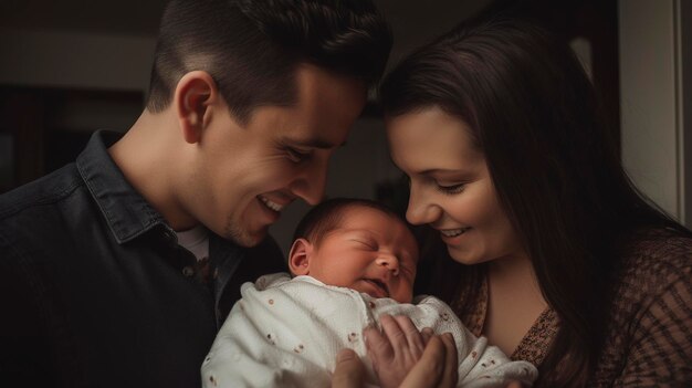 Una foto de una madre y un padre sonriendo a su recién nacido