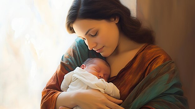 Foto de madre con su bebé recién nacido.