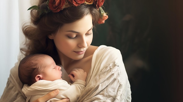 Foto de madre con su bebé recién nacido.