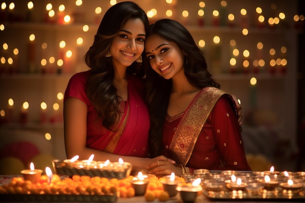 Una foto de una madre y su hija sosteniendo lámparas de aceite en casa durante el festival de Diwali.