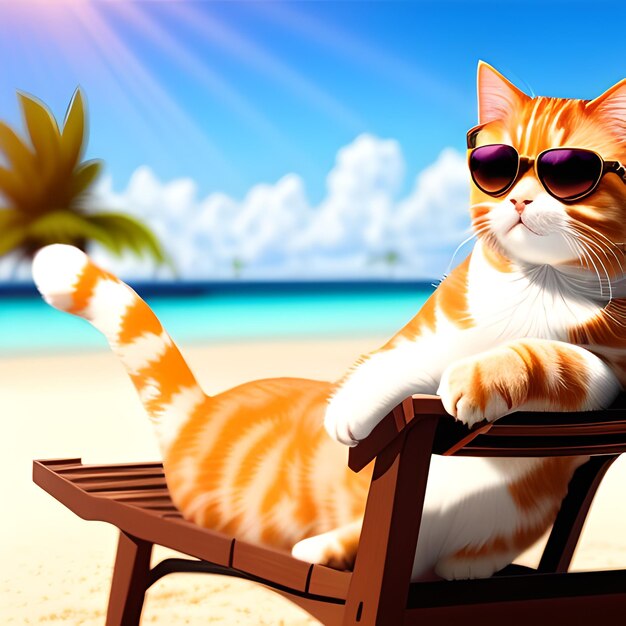 Foto maestra de un lindo gato rojo con gafas de sol acostado en una silla de estar en la playa