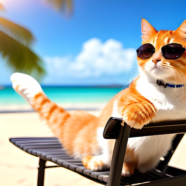 Foto foto maestra de un lindo gato rojo con gafas de sol acostado en una silla de estar en la playa