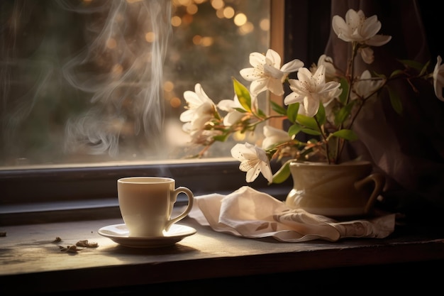 foto mágica Una taza de café junto a la ventana y flores.