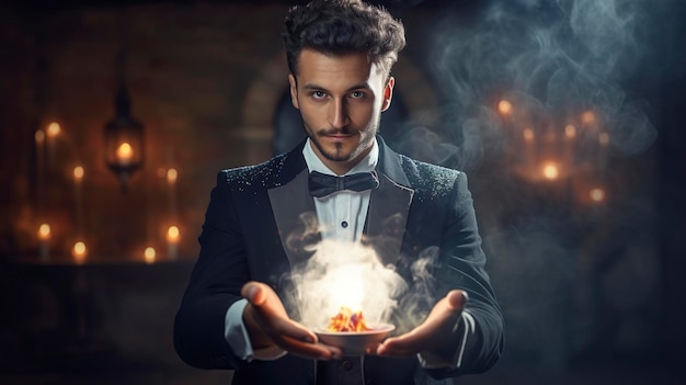 Foto una foto de un mago revelando un truco de magia