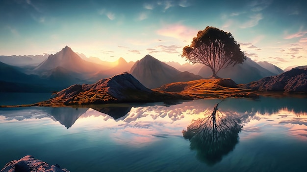 Foto majestätische Bergkette bei Sonnenaufgang mit einem kleinen See und einem einsamen Baum im Vordergrund