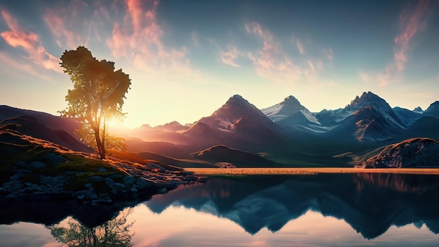 Foto majestätische Bergkette bei Sonnenaufgang mit einem kleinen See und einem einsamen Baum im Vordergrund