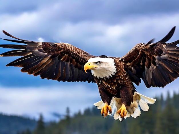 Foto Majestic Bald Eagle im Flug mit beherrschender Flügelspannweite und piercing Stare KI GENERATED
