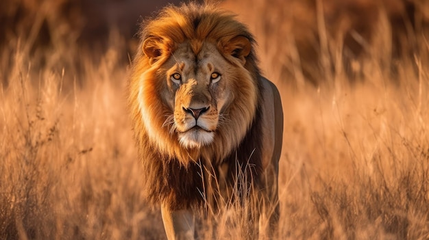 Foto majestuosa león macho africano acechando a su presa en la sabana