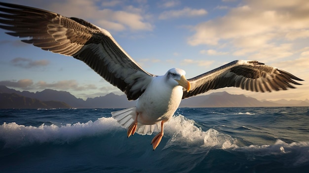 Una foto de un majestuoso albatros que se desliza sobre el mar