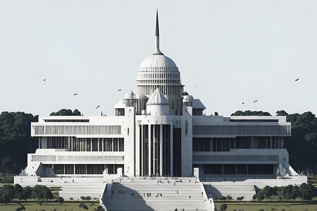 Foto de un majestuoso edificio con una imponente aguja blanca.