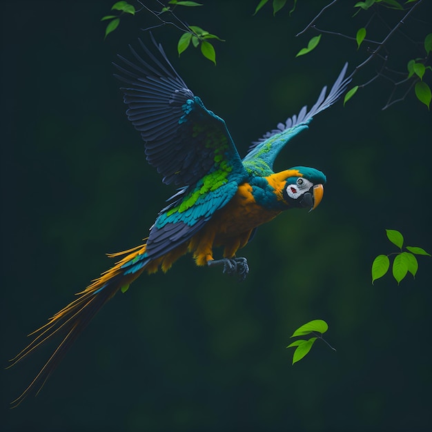 Foto de un majestuoso loro en vuelo con plumas vibrantes en exhibición