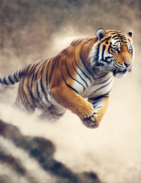 Foto de un majestuoso tigre saltando por el aire.