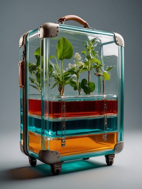 Foto de una maleta de metacrilato colorida con plantas en el interior