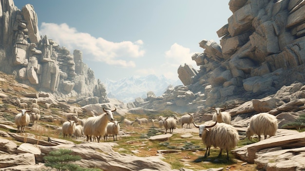 Una foto de una manada de cabras pastando en una tierra rocosa