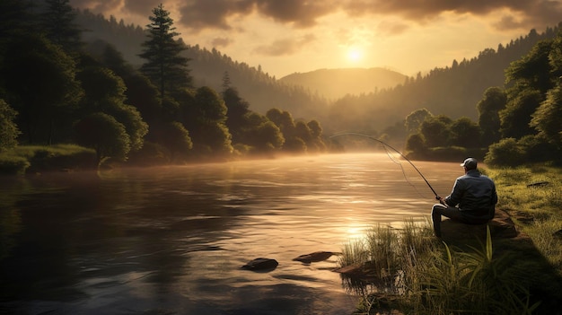 Una foto de una mañana serena pescando en un río.