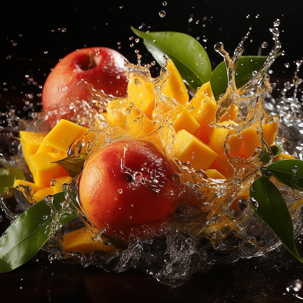 Foto de mango con salpicaduras de agua.