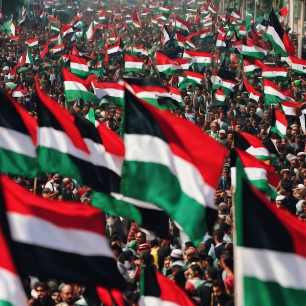 Foto foto de una manifestación masiva con banderas palestinas