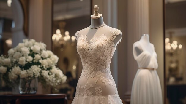 Una foto del maniquí de una boutique con un vestido de novia.