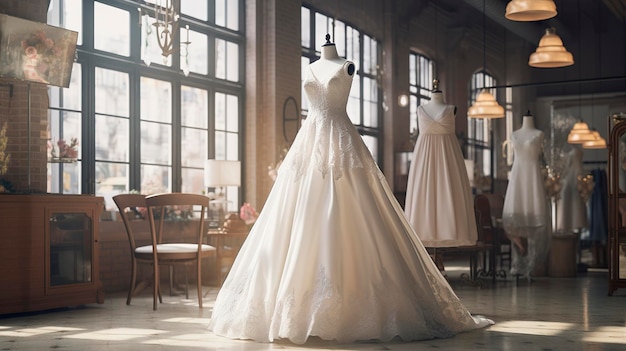Una foto del maniquí de una boutique con un vestido de novia.