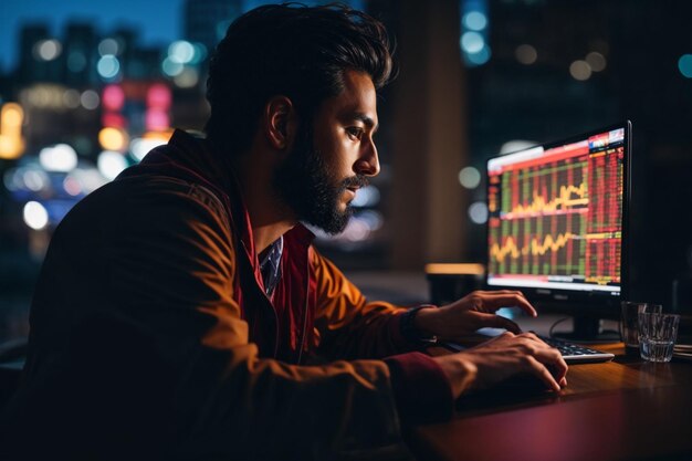 Foto Mann bei Nachtarbeit an der Laptop-Börse