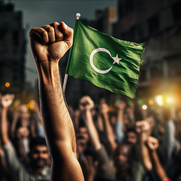 Foto de la mano en la pequeña bandera de Pakistán y espectáculo de elevación en 8k