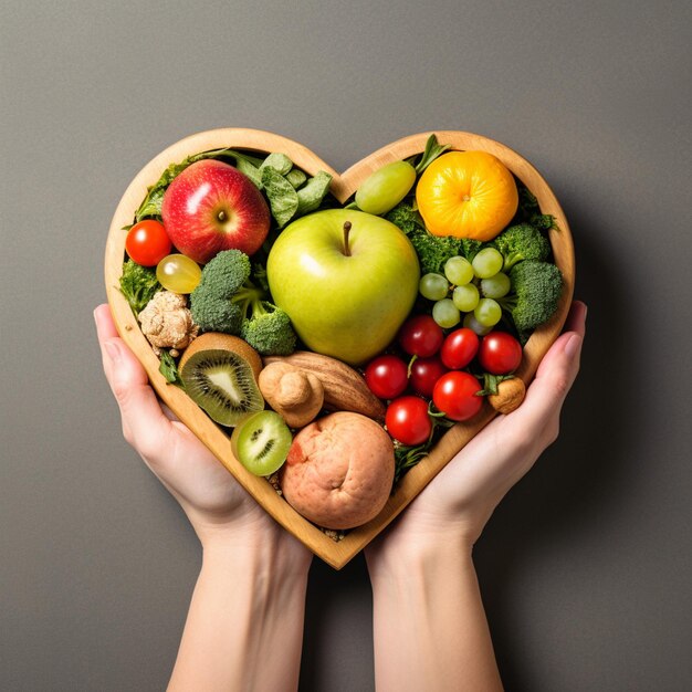 Foto de mano sosteniendo comida saludable en forma de corazón de madera en un fondo aislado