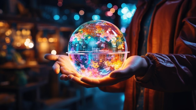 Una foto de una mano sosteniendo una esfera de cristal con una miniatura.