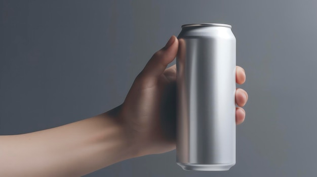 una foto de la mano sosteniendo una lata de plata de refresco en un fondo gris suave con espacio de copia