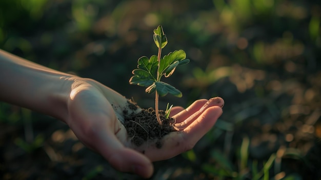 Una foto de una mano con tierra y el brote de una pequeña planta de frijol