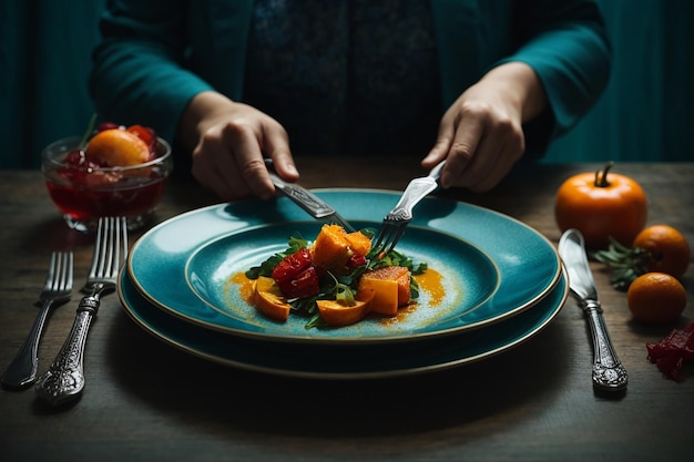 Foto manos femeninas con cubiertos y plato vacío.