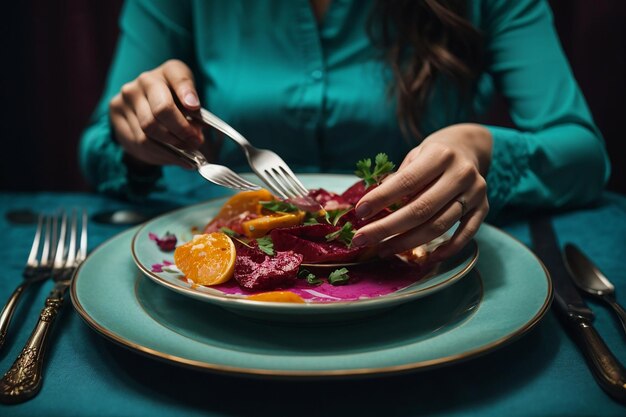 Foto manos femeninas con cubiertos y plato vacío.