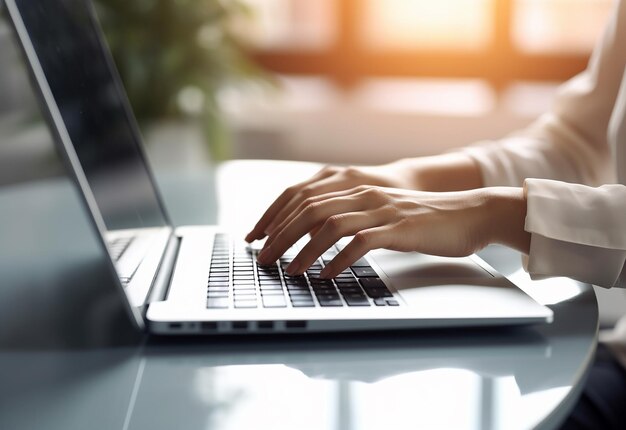 Foto de manos femeninas con los dedos en el teclado de su computadora mientras escribe