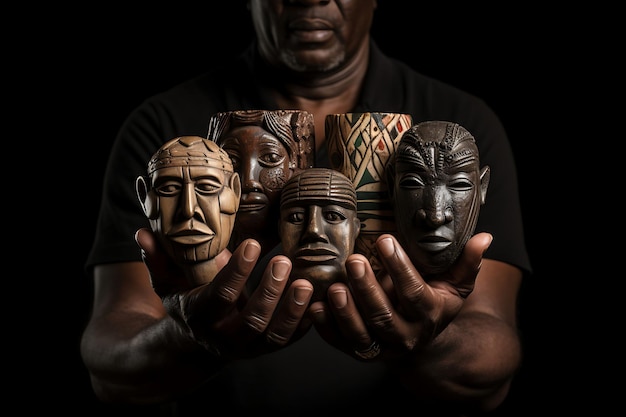 Foto de manos que sostienen arte y artefactos africanos