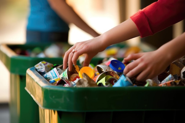 Una foto de manos sosteniendo una papelera de reciclaje llena de varios artículos reciclables IA generativa