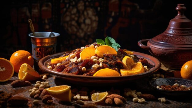 una foto de un mantel con patrón de tagine marroquí a la luz de una vela cálida