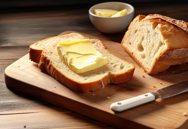 Foto foto de mantequilla untada sobre una rebanada de pan